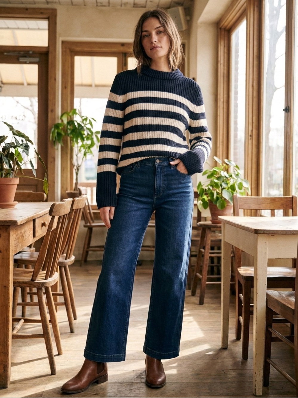 Talbots Navy and Cream Striped Crewneck Sweater